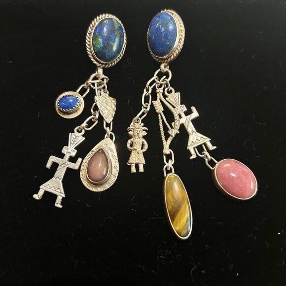 Native American sterling earrings w azurite/lapis/other stones - Picture 1 of 11